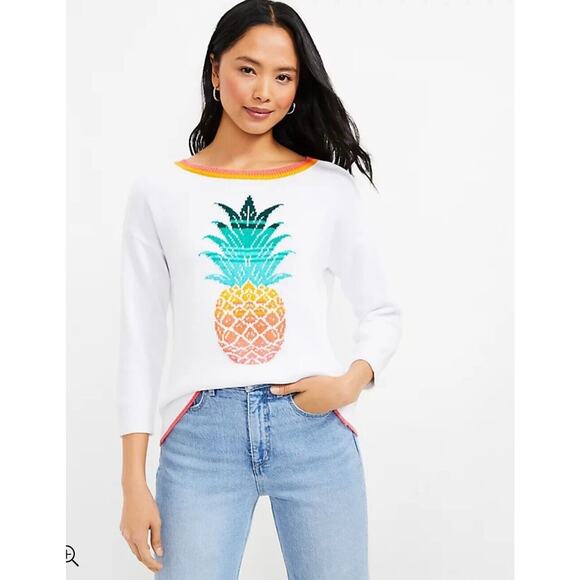Ann Taylor Loft Medium Tropical Resort Pineapple Sweater White Green Orange - Picture 1 of 14